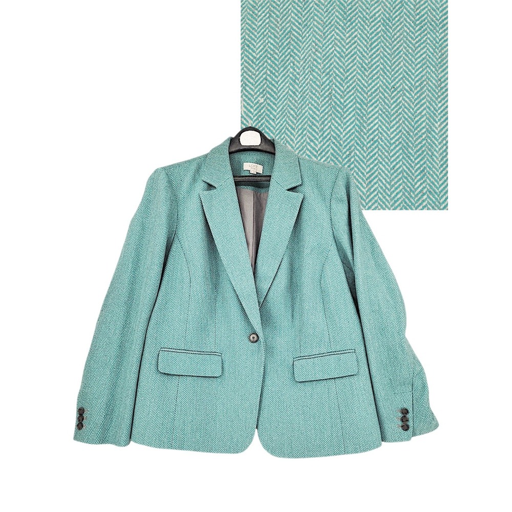 LOFT Blazer 16 Teal Herringbone Wool Career Jacket Business Old Money Ann Taylor